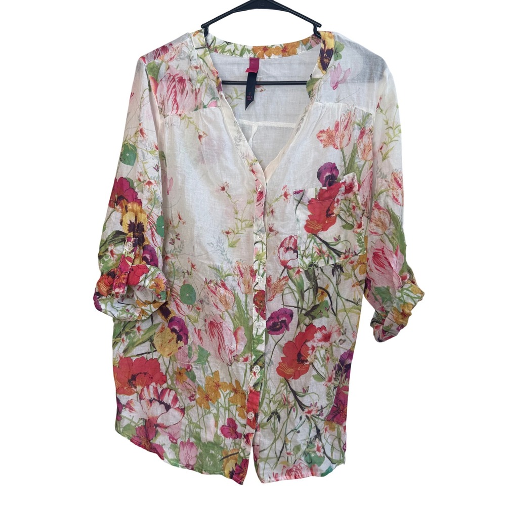 Pure Energy Women Floral Cotton Gauze Button Down Roll Tab Sleeve Shirt Size 1X